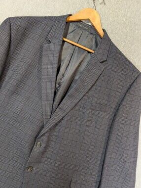 Chaps Wool Plaid Blazer Men's 56R Blue Black Two Button Suit Jacket